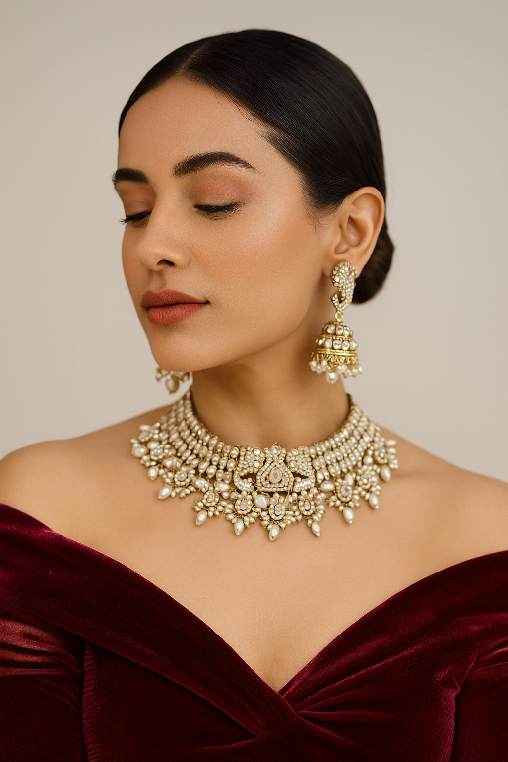 Pearl White Kundan Choker Set with Jhumkas and Maang Tikka